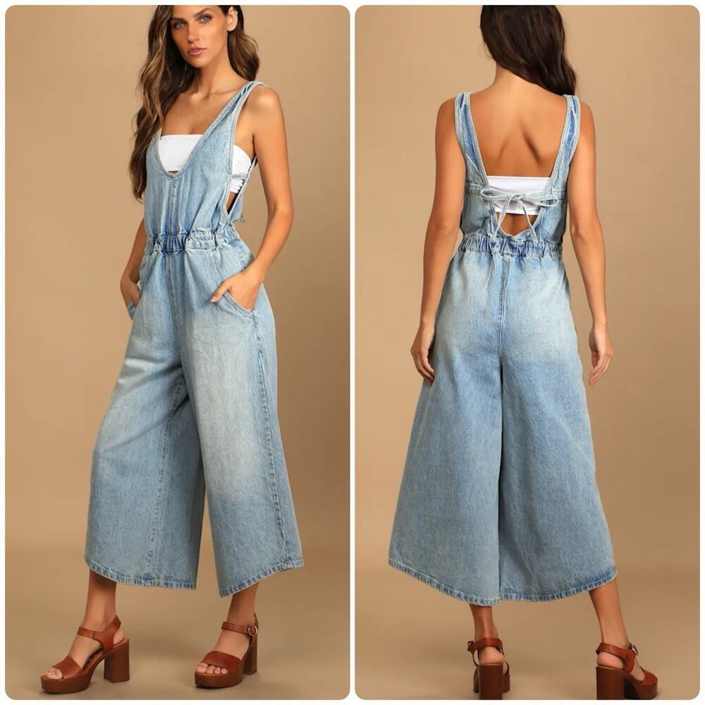FREE PEOPLE Alora Denim Wide Leg Culotte Tieback Jumpsuit Light Wash Size XS
